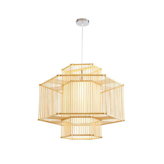 Bamboo Geometric Pendant Light With Asian Style - Wood Finish