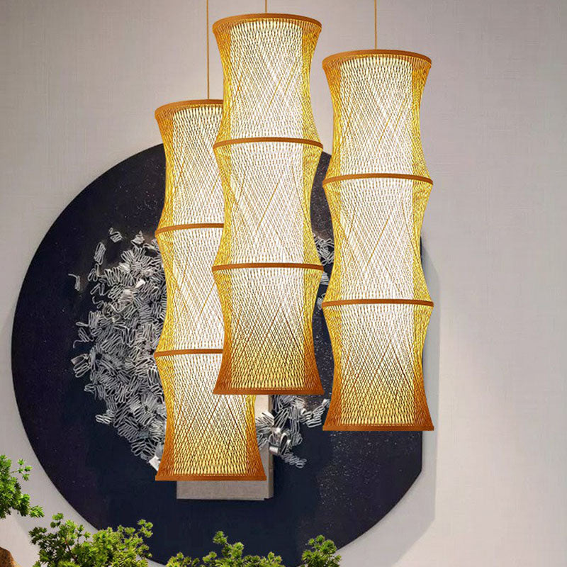 Wood Fish Trap Pendant Lamp With Rattan Shade - Asian 1-Light Ceiling Lighting