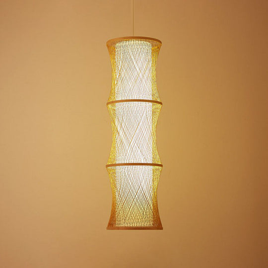 Wood Fish Trap Pendant Lamp With Rattan Shade - Asian 1-Light Ceiling Lighting