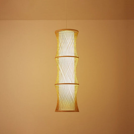 Wood Fish Trap Pendant Lamp With Rattan Shade - Asian 1-Light Ceiling Lighting