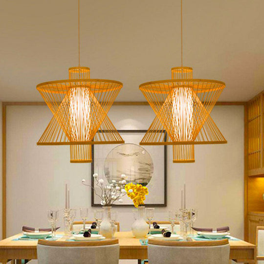 Down Lighting Bamboo Pendant Light: Sandglass Shape Asian Style 1 Bulb Wood Construction - Ideal For