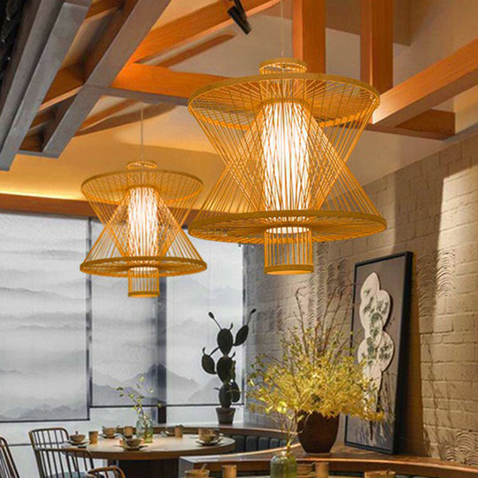 Down Lighting Bamboo Pendant Light: Sandglass Shape Asian Style 1 Bulb Wood Construction - Ideal For