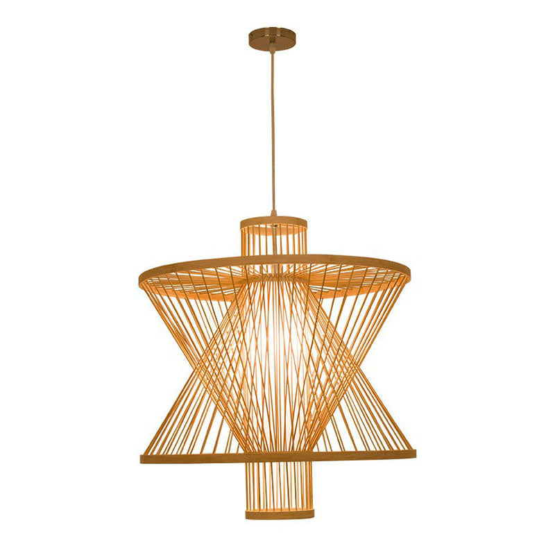 Down Lighting Bamboo Pendant Light: Sandglass Shape Asian Style 1 Bulb Wood Construction - Ideal For