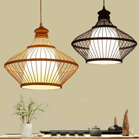 Modern Black Bamboo Pendant Light With Asia-Inspired Pear Shape For Table