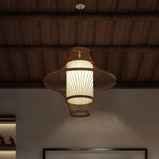 Bamboo Pendant Light Fixture - Asian Single Bulb Suspension Lighting With Inner White Shade Coffee /