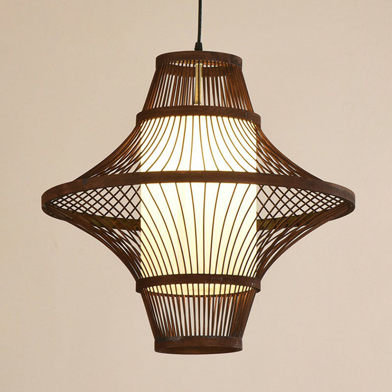 Bamboo Pendant Light Fixture - Asian Single Bulb Suspension Lighting With Inner White Shade