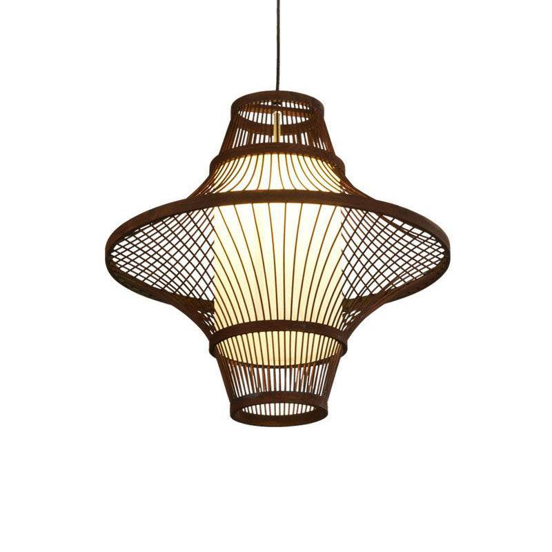 Bamboo Pendant Light Fixture - Asian Single Bulb Suspension Lighting With Inner White Shade