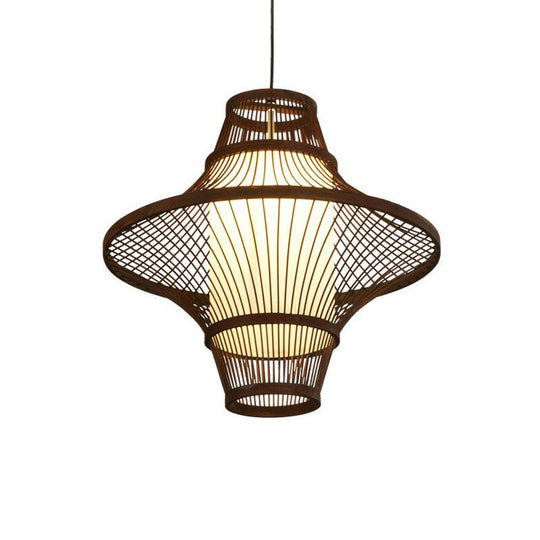 Bamboo Pendant Light Fixture - Asian Single Bulb Suspension Lighting With Inner White Shade