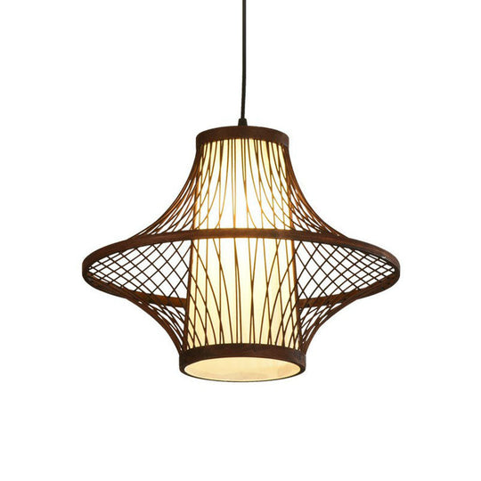 Bamboo Pendant Light Fixture - Asian Single Bulb Suspension Lighting With Inner White Shade