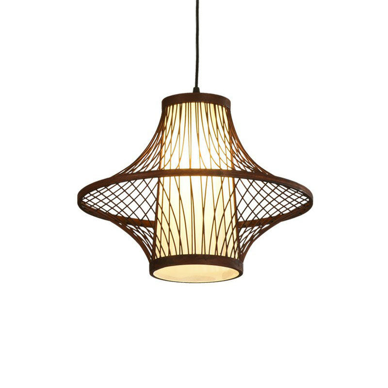 Bamboo Pendant Light Fixture - Asian Single Bulb Suspension Lighting With Inner White Shade