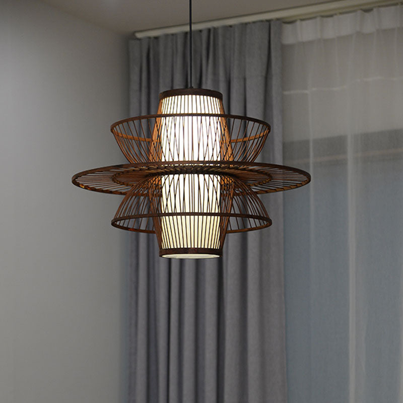 Wooden Geometrical Pendant Lamp With Chinese-Inspired Design Coffee Tone - 1 Head Suspended Lighting