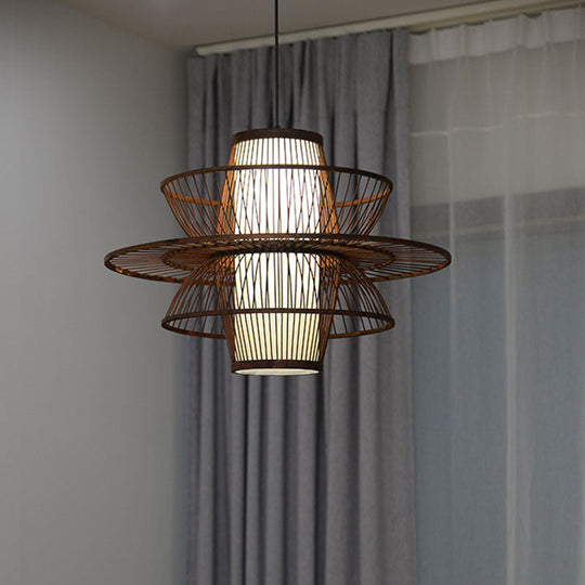 Wooden Geometrical Pendant Lamp With Chinese-Inspired Design Coffee Tone - 1 Head Suspended Lighting