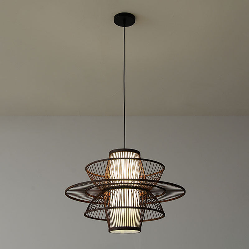 Wooden Geometrical Pendant Lamp With Chinese-Inspired Design Coffee Tone - 1 Head Suspended Lighting