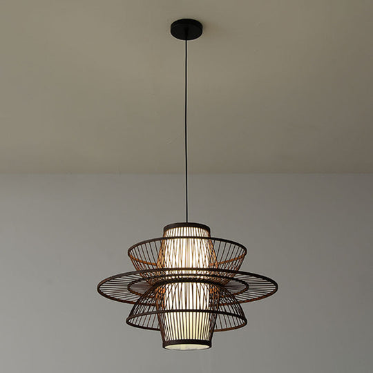 Wooden Geometrical Pendant Lamp With Chinese-Inspired Design Coffee Tone - 1 Head Suspended Lighting