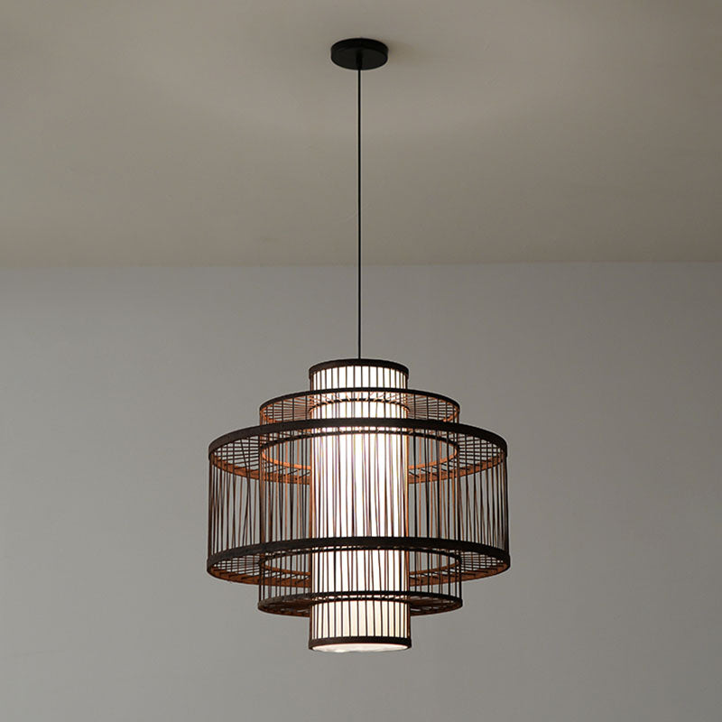 Wooden Geometrical Pendant Lamp With Chinese-Inspired Design Coffee Tone - 1 Head Suspended Lighting