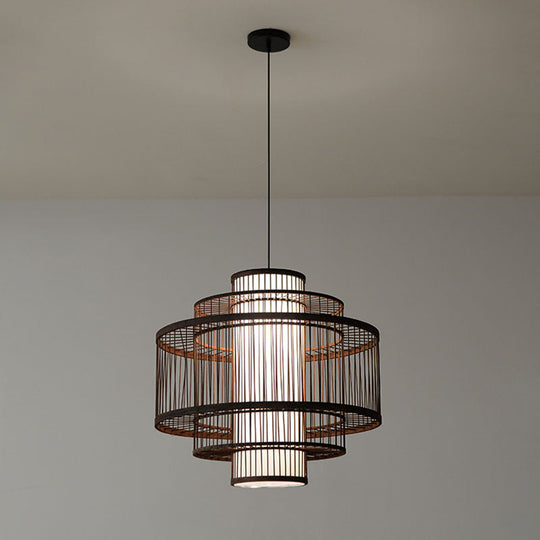 Wooden Geometrical Pendant Lamp With Chinese-Inspired Design Coffee Tone - 1 Head Suspended Lighting