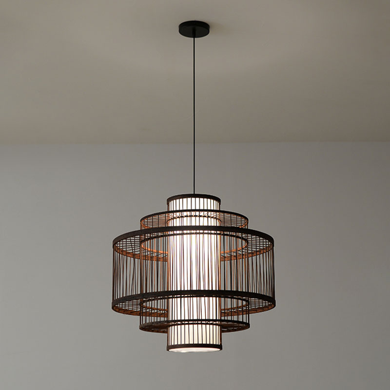 Wooden Geometrical Pendant Lamp With Chinese-Inspired Design Coffee Tone - 1 Head Suspended Lighting