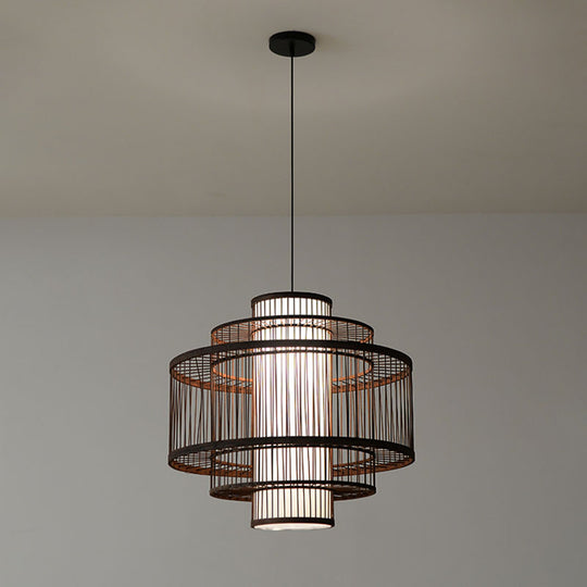 Wooden Geometrical Pendant Lamp With Chinese-Inspired Design Coffee Tone - 1 Head Suspended Lighting