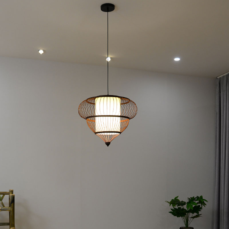 Wooden Geometrical Pendant Lamp With Chinese-Inspired Design Coffee Tone - 1 Head Suspended Lighting