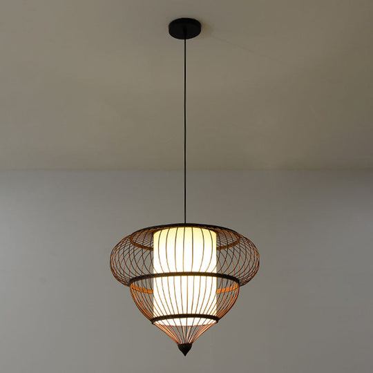 Wooden Geometrical Pendant Lamp With Chinese-Inspired Design Coffee Tone - 1 Head Suspended Lighting