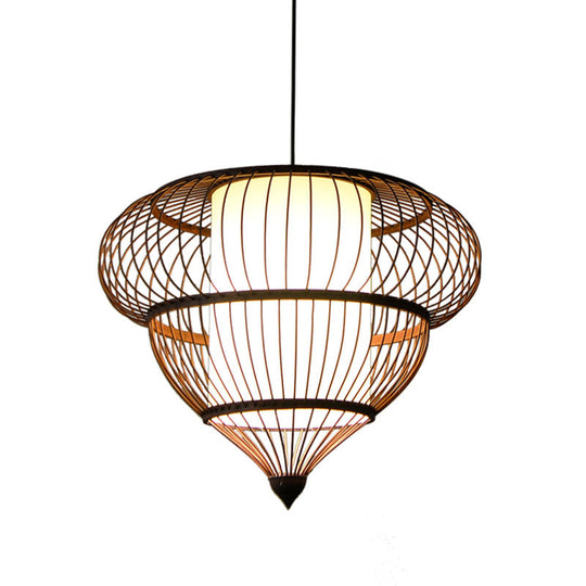 Wooden Geometrical Pendant Lamp With Chinese-Inspired Design Coffee Tone - 1 Head Suspended Lighting