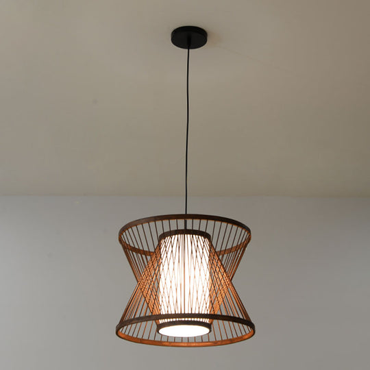 Wooden Geometrical Pendant Lamp With Chinese-Inspired Design Coffee Tone - 1 Head Suspended Lighting