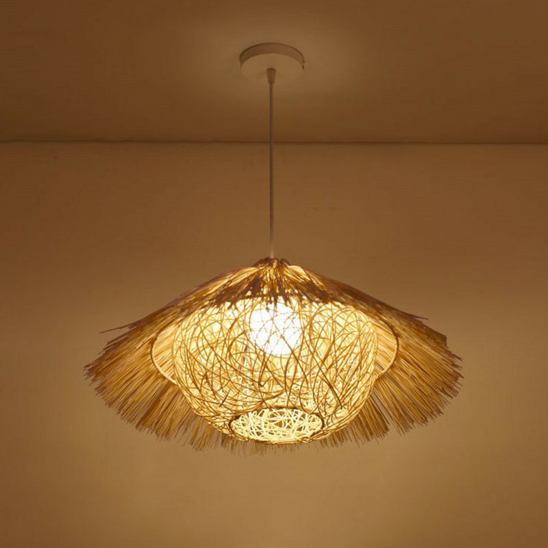 Woven Shade Drop Pendant Wood Hanging Light - Beige- Ideal For Restaurants