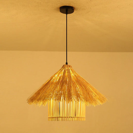 Woven Shade Drop Pendant Wood Hanging Light - Beige- Ideal For Restaurants