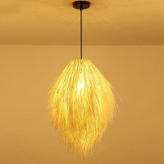 Woven Shade Drop Pendant Wood Hanging Light - Beige- Ideal For Restaurants / B