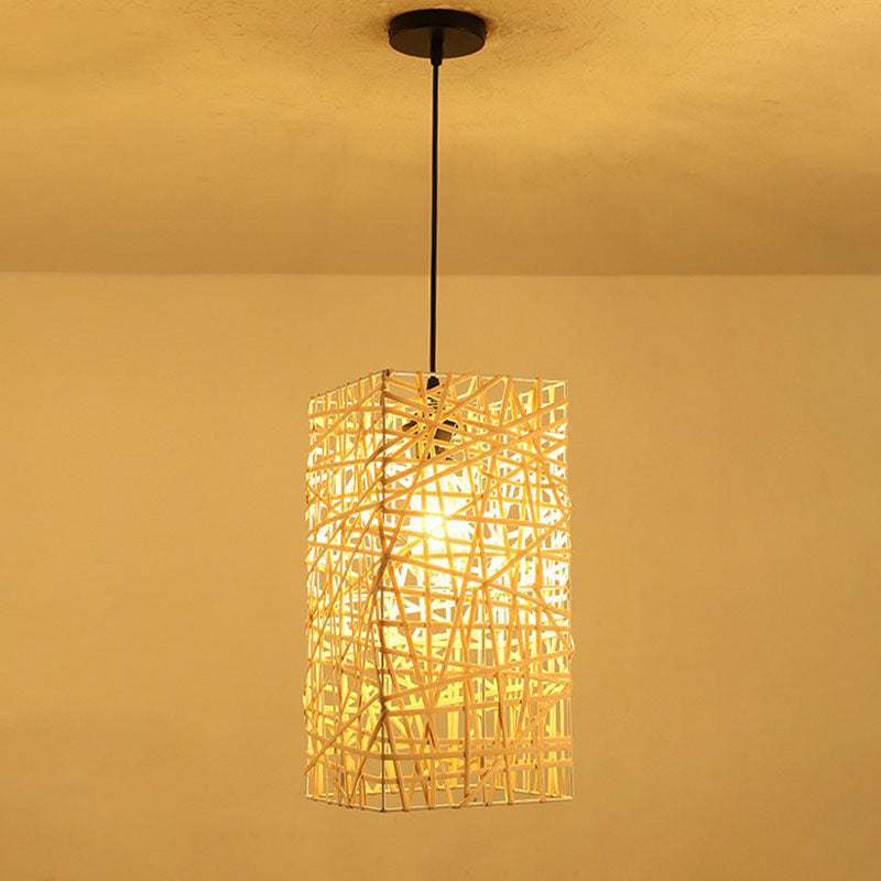 Woven Shade Drop Pendant Wood Hanging Light - Beige- Ideal For Restaurants