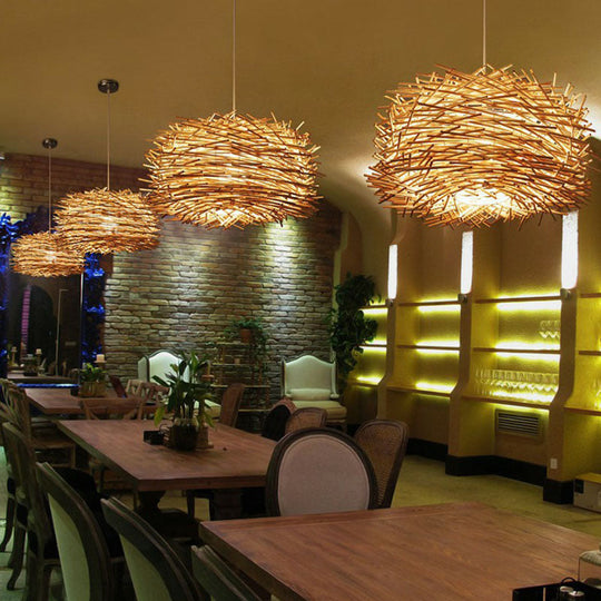 Woven Shade Drop Pendant Wood Hanging Light - Beige- Ideal For Restaurants