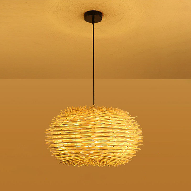 Woven Shade Drop Pendant Wood Hanging Light - Beige- Ideal For Restaurants