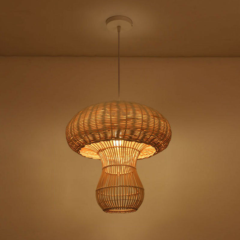 Woven Shade Drop Pendant Wood Hanging Light - Beige- Ideal For Restaurants