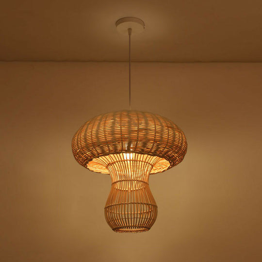 Woven Shade Drop Pendant Wood Hanging Light - Beige- Ideal For Restaurants / G