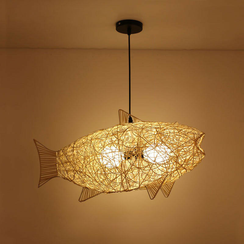 Woven Shade Drop Pendant Wood Hanging Light - Beige- Ideal For Restaurants