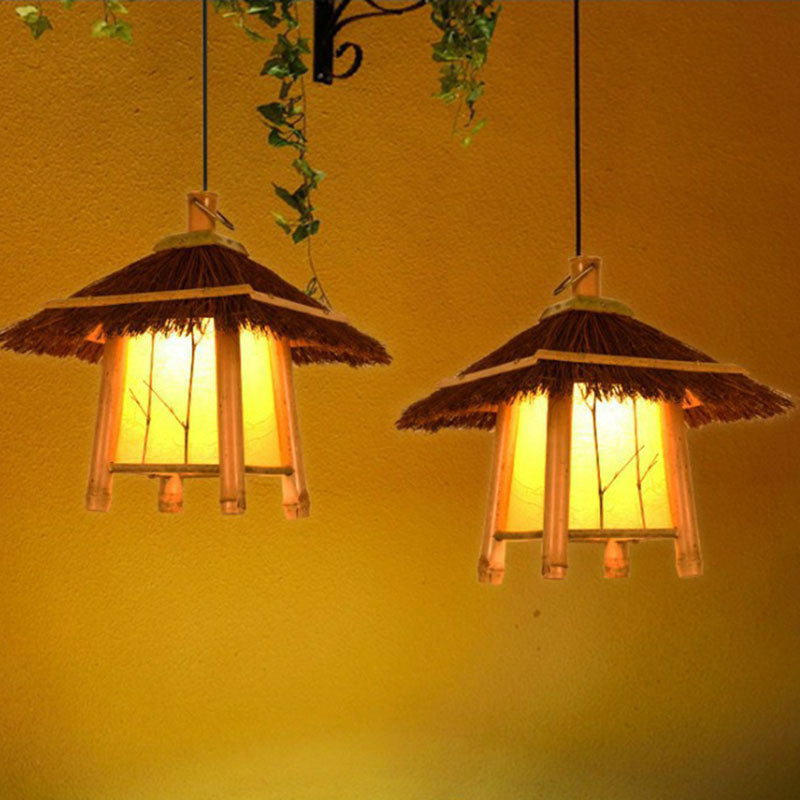 Woven Shade Drop Pendant Wood Hanging Light - Beige- Ideal For Restaurants