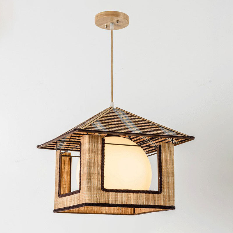 Bamboo Single Bedside Pendant Lamp - Asian Lodge Style With Milk Glass Shade Wood / Small