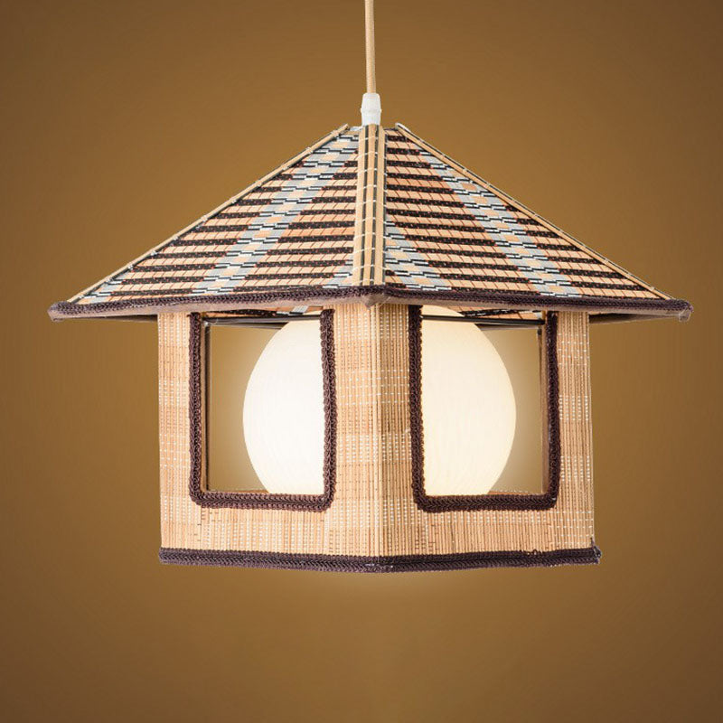 Bamboo Single Bedside Pendant Lamp - Asian Lodge Style With Milk Glass Shade