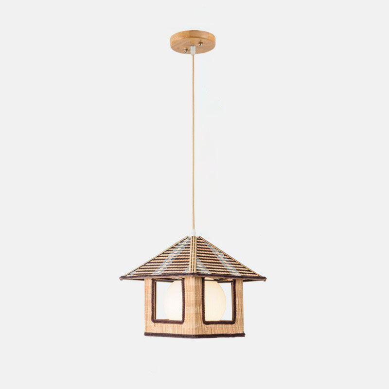 Bamboo Single Bedside Pendant Lamp - Asian Lodge Style With Milk Glass Shade