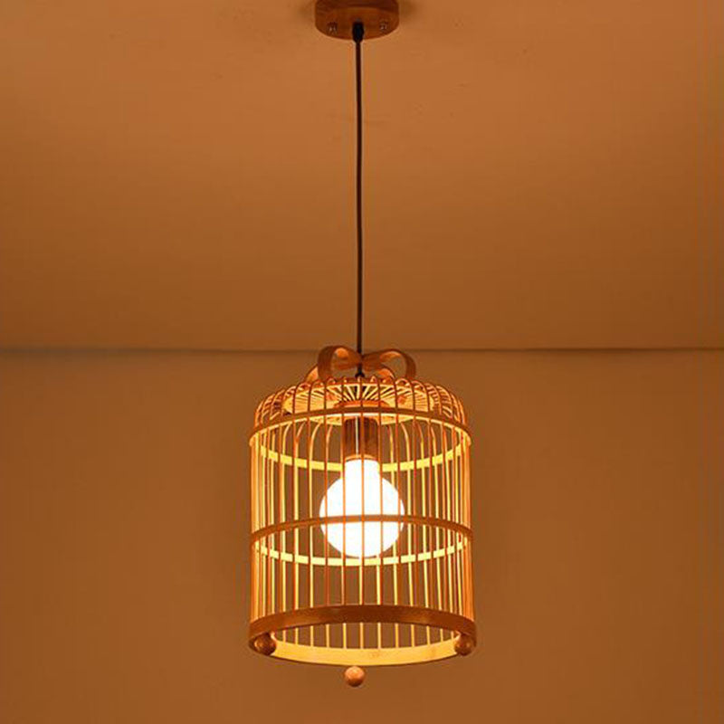 Chinese Bamboo Bird Cage Pendant Light - Handcrafted Wood With Down Lighting & 1 Bulb