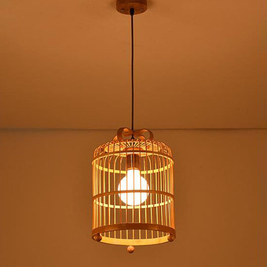 Chinese Bamboo Bird Cage Pendant Light - Handcrafted Wood With Down Lighting & 1 Bulb