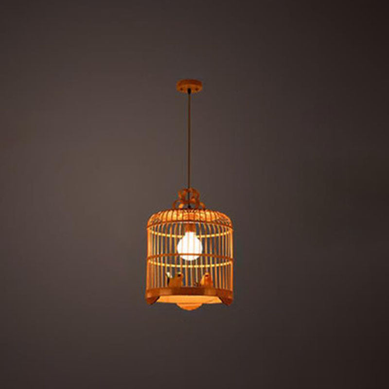 Chinese Bamboo Bird Cage Pendant Light - Handcrafted Wood With Down Lighting & 1 Bulb