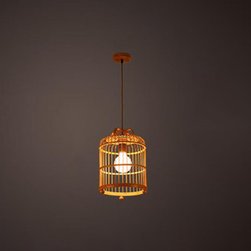 Chinese Bamboo Bird Cage Pendant Light - Handcrafted Wood With Down Lighting & 1 Bulb