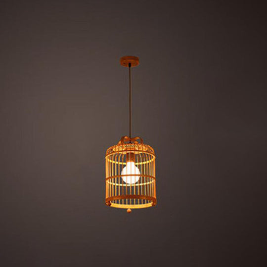 Chinese Bamboo Bird Cage Pendant Light - Handcrafted Wood With Down Lighting & 1 Bulb