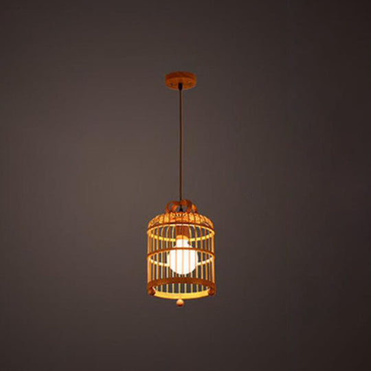 Chinese Bamboo Bird Cage Pendant Light - Handcrafted Wood With Down Lighting & 1 Bulb