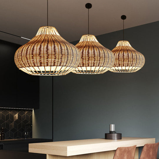 Asian Rattan Hanging Pendant Light With Hand-Worked Pear Shape Design For Dining Table - Wood Finish