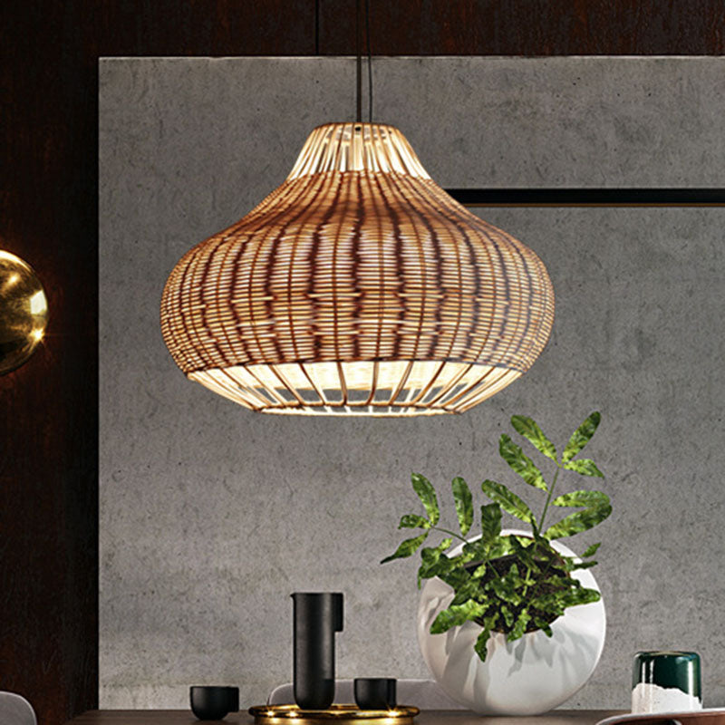 Asian Rattan Hanging Pendant Light With Hand-Worked Pear Shape Design For Dining Table - Wood Finish