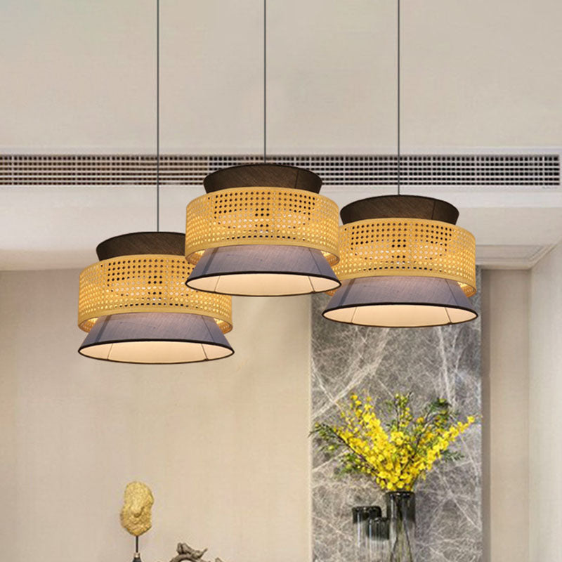 Mesh Screen Asian Hourglass Pendant Lamp: Bamboo Ceiling Light For Dining Room In Beige