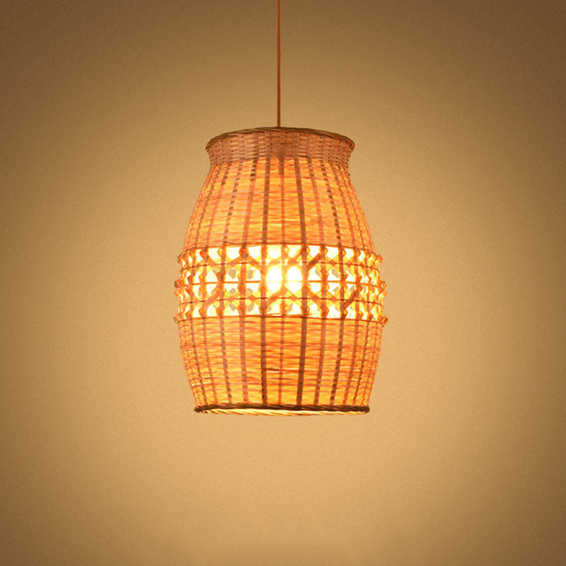 Asian Bamboo Jar Pendulum Light | Wood Woven Ceiling Hanging Lamp Fixture