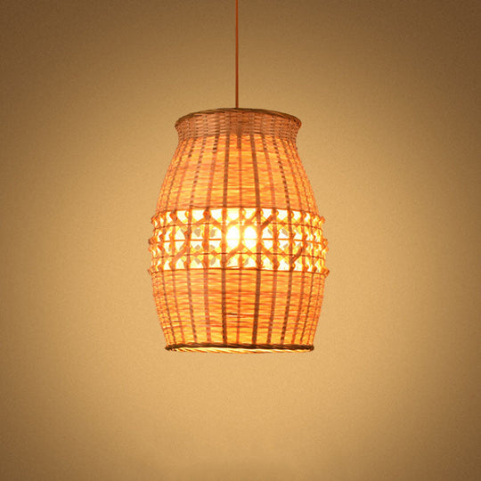 Asian Bamboo Jar Pendulum Light | Wood Woven Ceiling Hanging Lamp Fixture